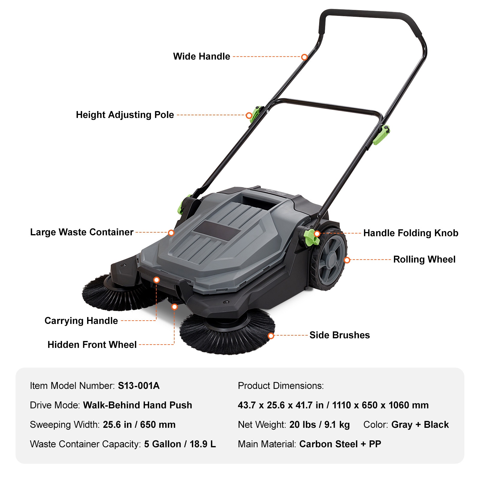 Manual Floor Sweeper With Adjustable Handle And Waste Container_voghion.com